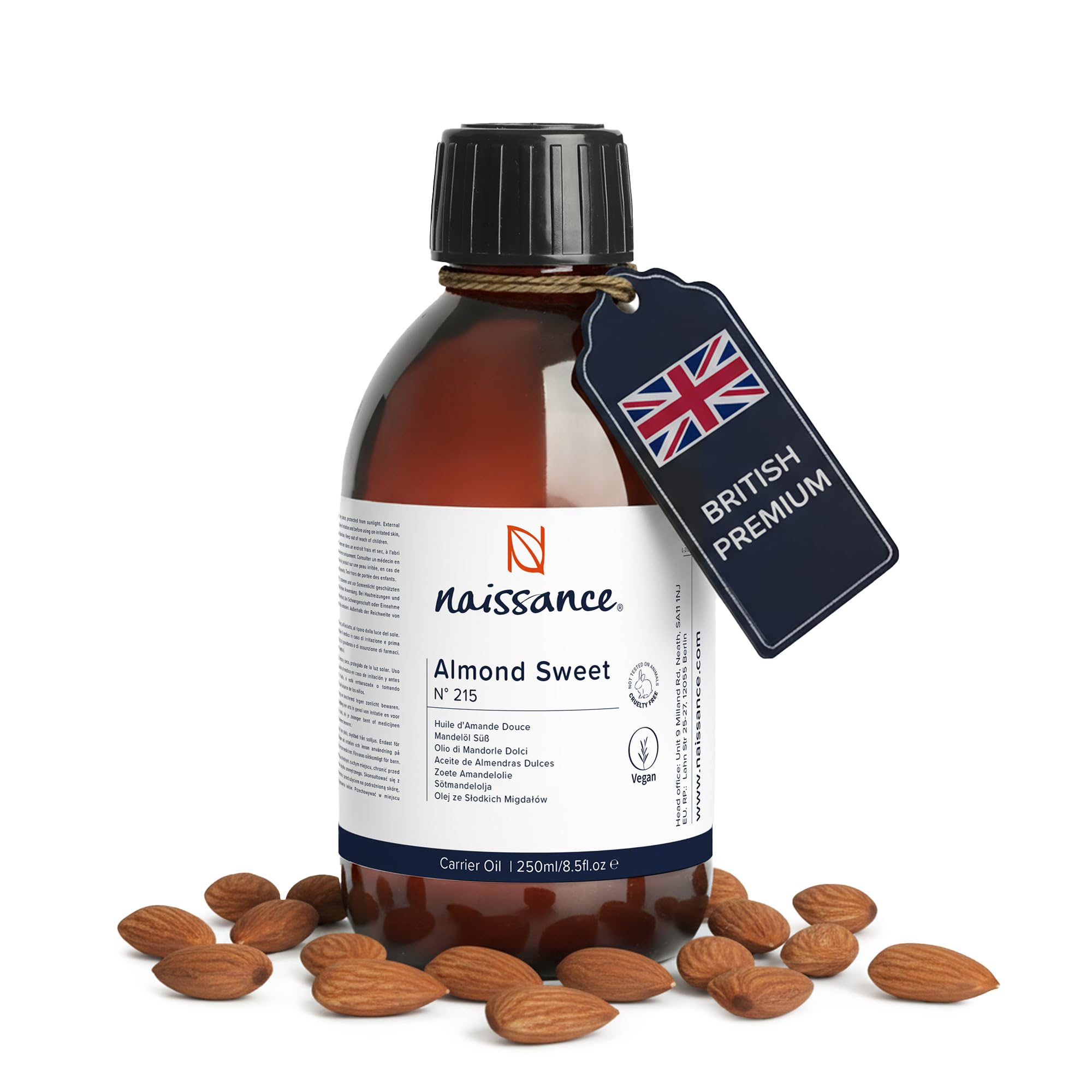 Naissance Sweet Almond Oil (no. 215) 250ml – for Skin, Hair, Massage, Nails, Cuticles, Ears, Face, Body - Natural Skin Care, Carrier Oil for Aromatherapy