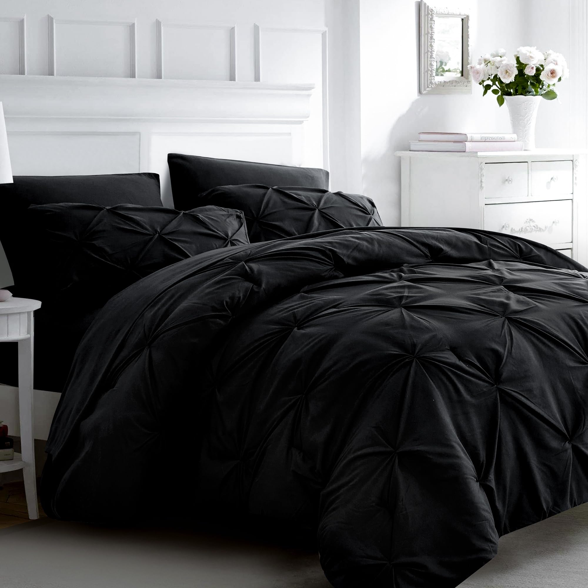 Ubauba 7pc Black Queen Comforter Set with Sheets, 7 Piece Pintuck Bed in a Bag, Queen Size Bed Set for All Seasons, Pinched Pleat Bedding Sets (Black,Queen) Image
