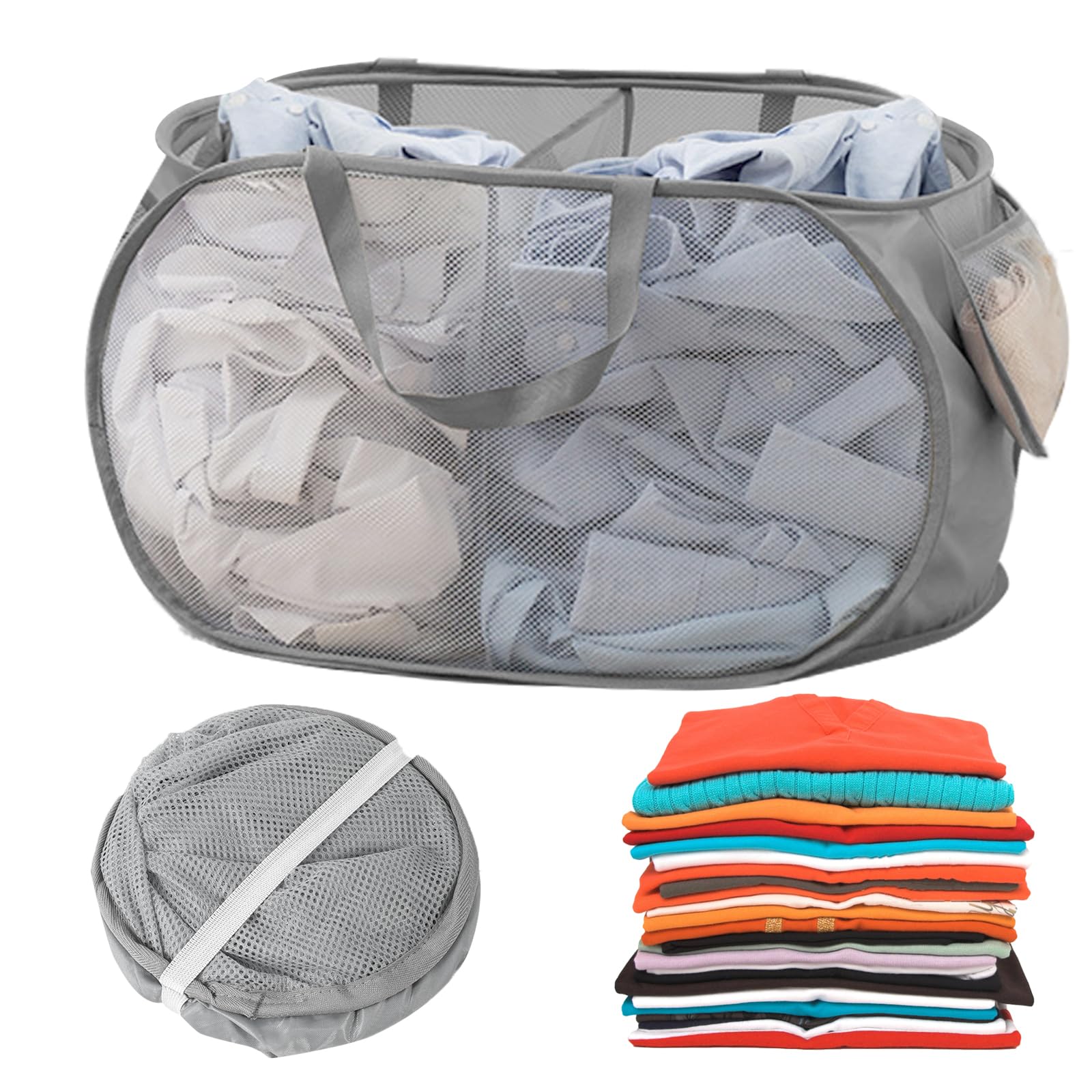 Femolity Folding Laundry Basket, 75L Large 2-Compartment Washing Basket With Strong Handles,Collapsible Cleaning Basket for Laundry, Bathroom, Kids Room, Dorm or Travel Grey