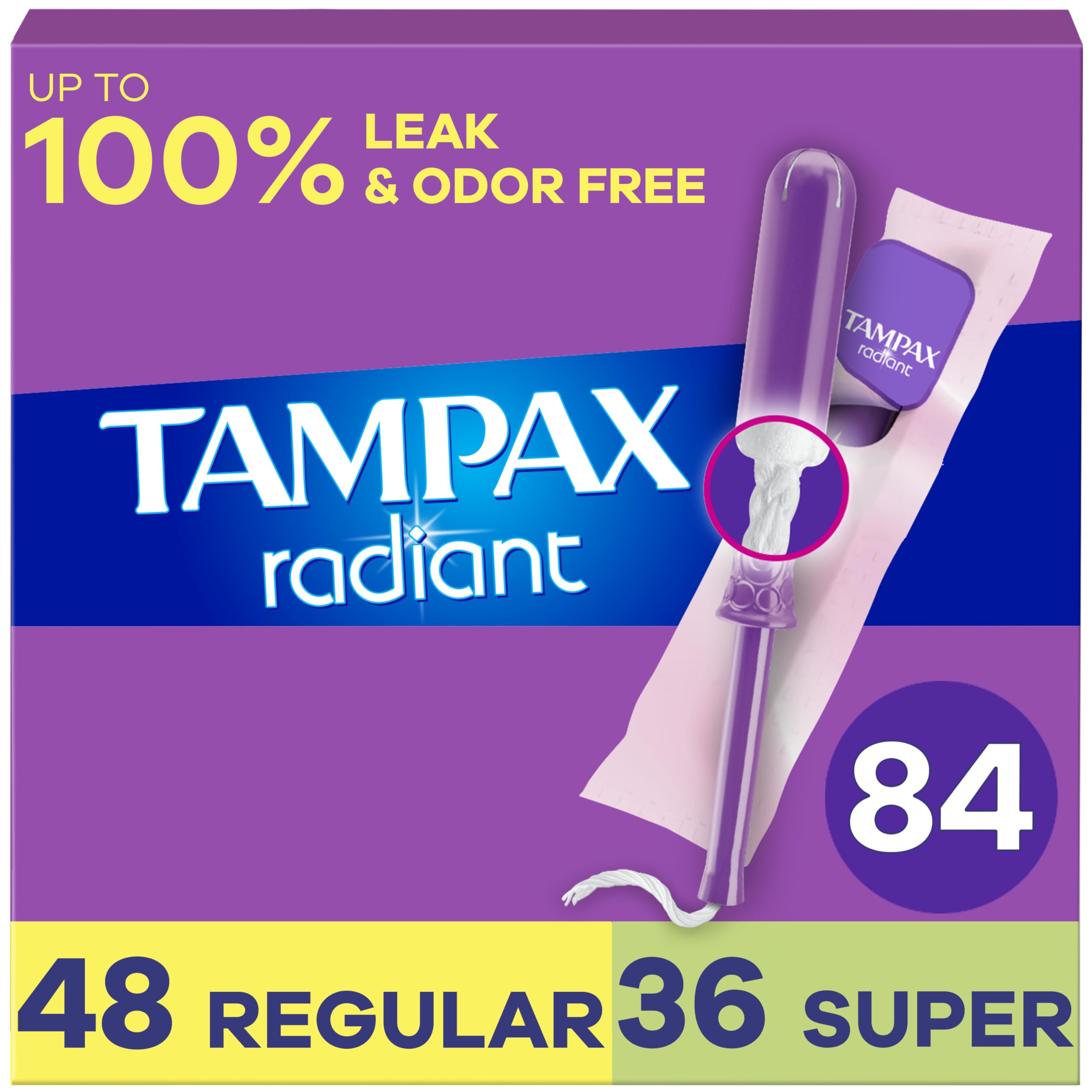 Photo 1 of Tampax Radiant Tampons Multipack, with LeakGuard Braid, Regular/Super Absorbency, Unscented, 84 Count (3 Packs of 28)