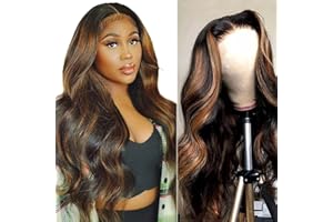 IDHERE Highlight Ombre Lace Front Wig Human Hair Highlight 1B/30 Black Brown 13x4 Glueless Transparent Lace Frontal Wigs Pre Plucked With Baby Hair Body Wave Ombre Honey Blonde Human Hair Wigs for Women 180% Density(26Inch Highlight Wig)