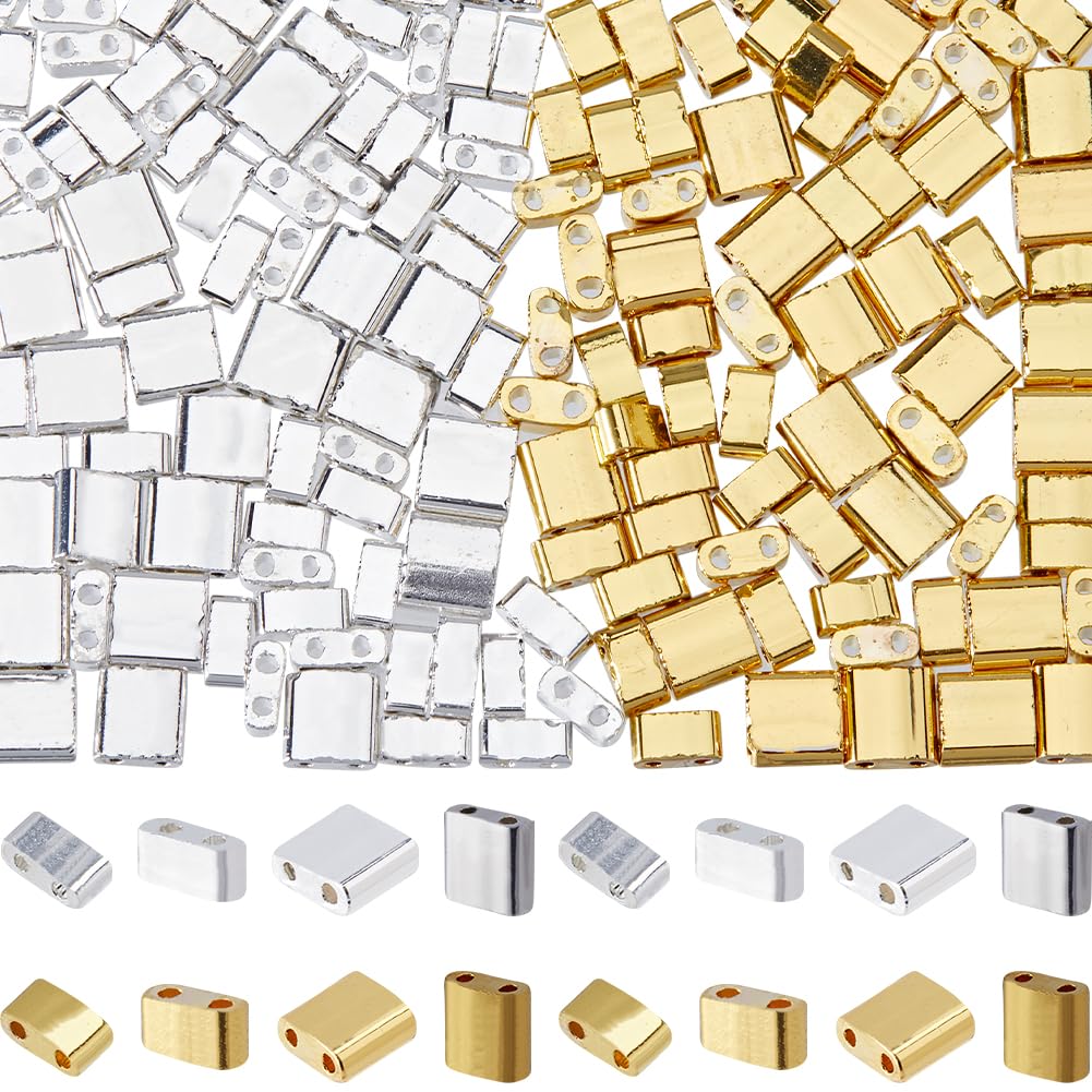 CREATCABIN 180Pcs 2 Hole Tila Beads 4 Styles Half Glass Seed Bulk Rectangle Silver Golden Metallic Mini Opaque Square Flat Loose Spacer for Craft Bracelet Necklace Earring Jewelry Making
