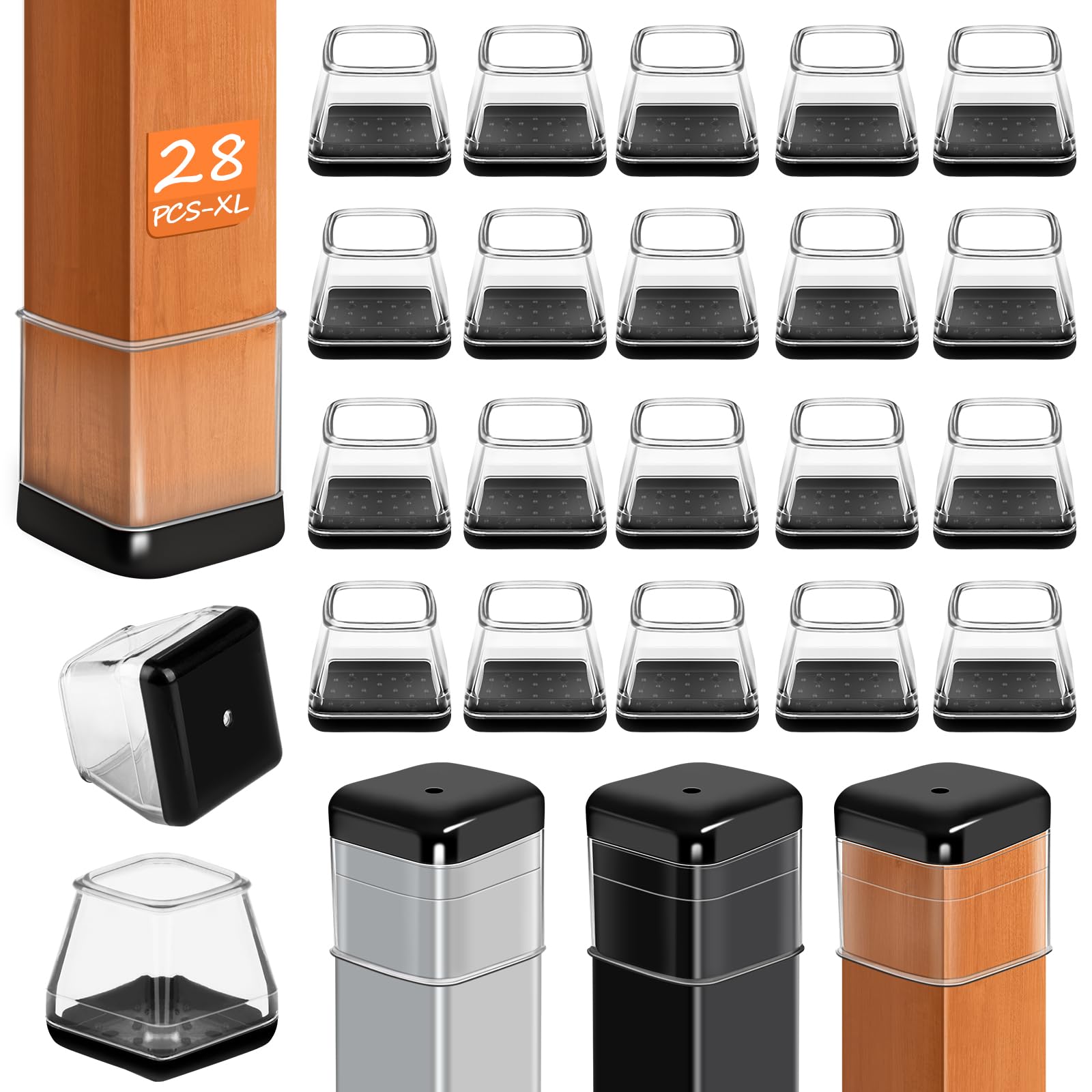 Photo 1 of 28 Pcs Chair Leg Sliders for Carpet Rug, Square Chair Glides, Silicone Furniture Leg Protectors Caps Kitchen Table Feet Covers with Plastic Pads, No Scratches (Fit:1-1/2"~1-3/4", Clear)