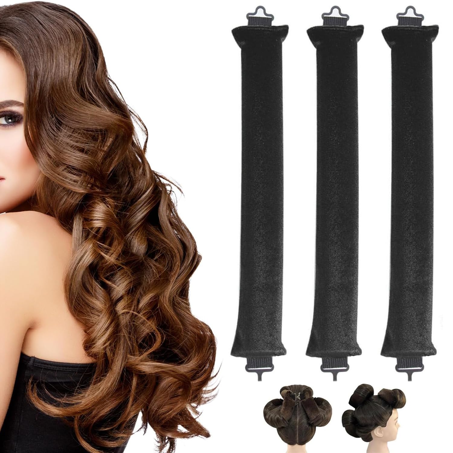 Overnight Heatless Rods Curls Blowout - 3PCS Hair Curlers to Sleep In, Sleeping Lazy Curler Set for All Types Women Long Hair Styling Tools (Black, One size)