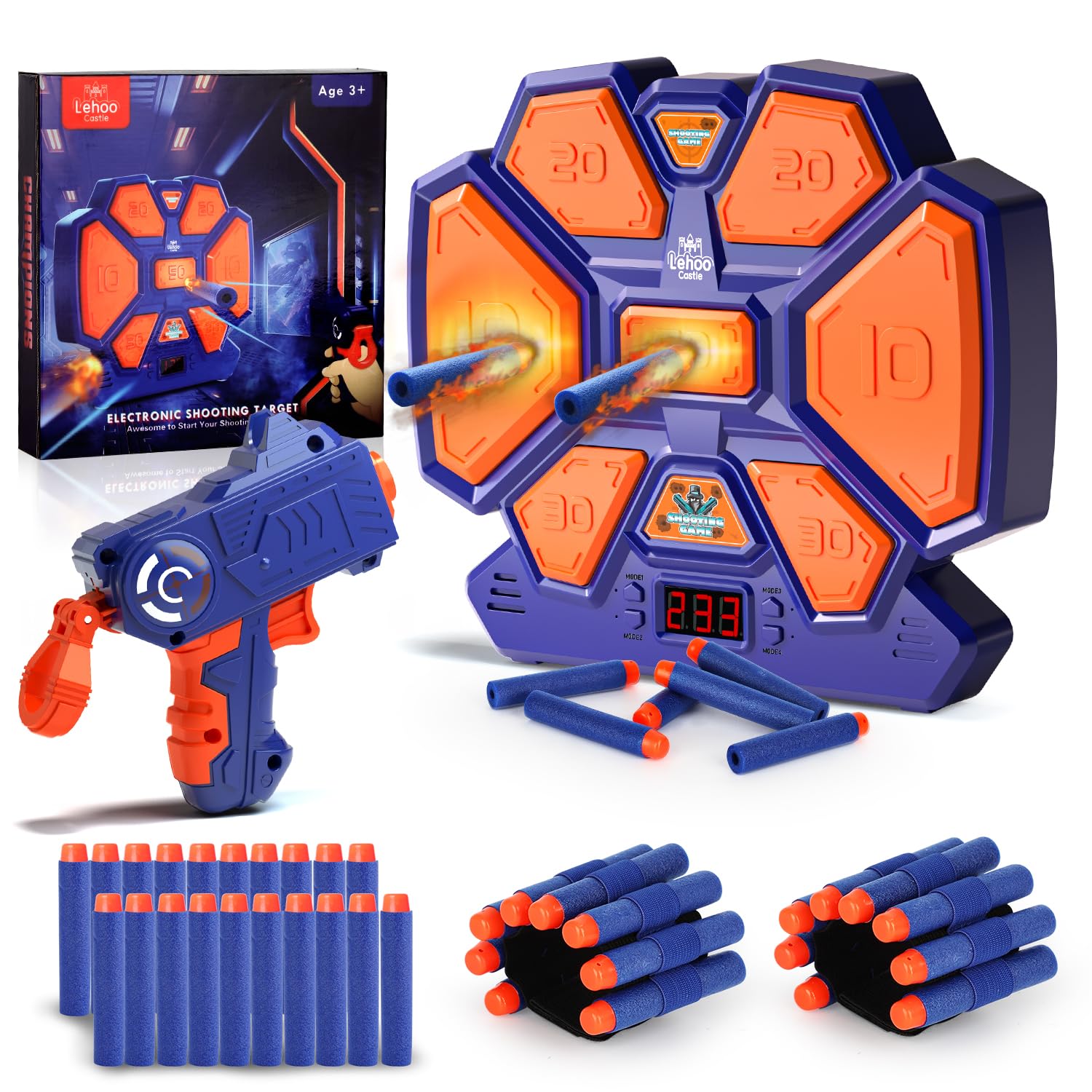 Lehoo Castle Electronic Target for Nerf Guns, Digital Auto Scoring Shooting Target with 4 Modes, Light and Sound Effect, Indoor Outdoor Shooting Game Toy for Kids Boys Girls（Blue）