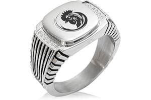 Tioneer Stainless Steel Tribal Rooster CZ Ribbed Needle Stripe Pattern Biker Style Polished Ring
