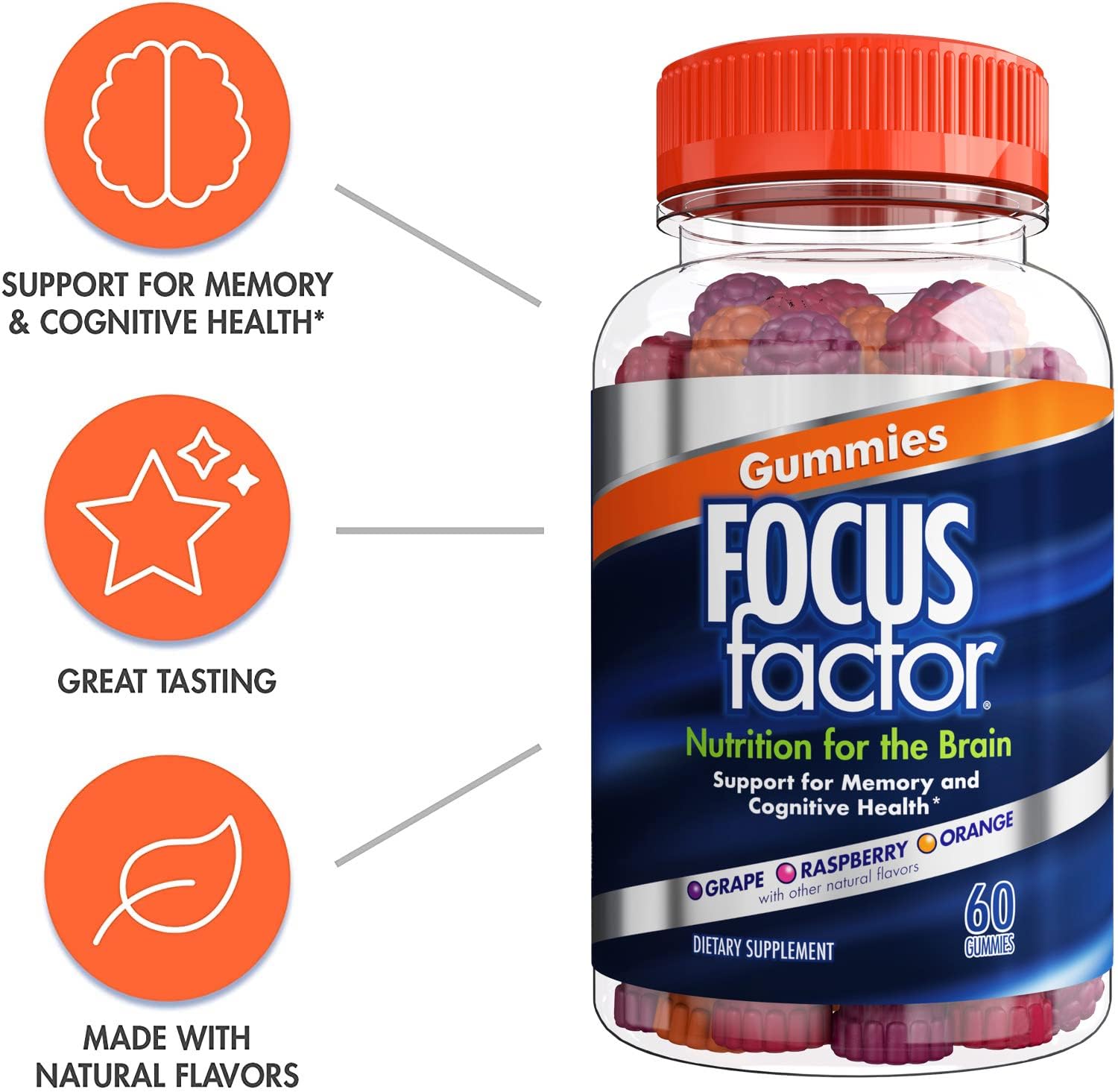 Focus Factor Nootropic Gummies, Memory Supplement for Brain, Phosphatidylserine, Bacopa, Huperzine A, 60 Count
