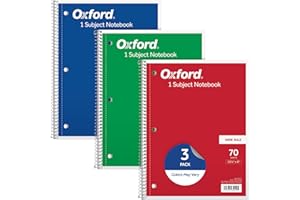 Oxford 1-Subject Notebooks, School Journal, 8 x 10-1/2 Inch, Wide Rule Paper, 70 Sheets, 3-Hole Punch, 3 Pack, Red, Blue, Green, Color Assortment May Vary (65029)