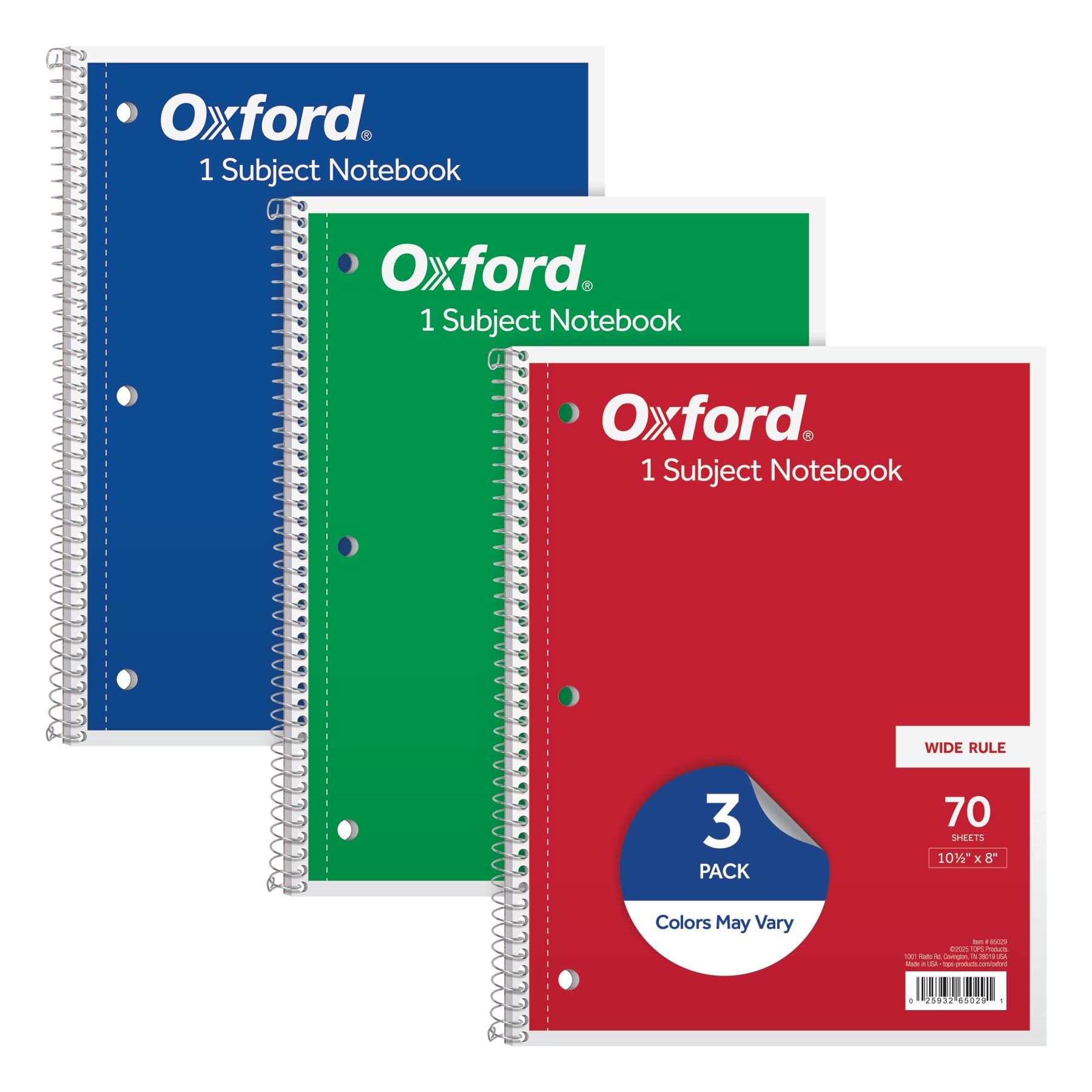 Oxford 1-Subject Notebooks, 8" x 10-1/2", Wide Rule, 70 Sheets, 3 Pack, Color Assortment May Vary (65029)