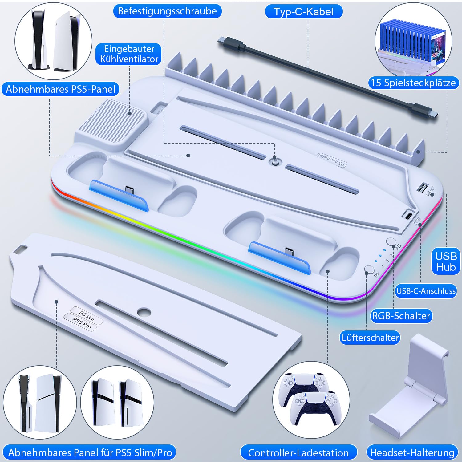 PS5 Stand Kühlständer für PS5/PS5 Slim/PS5 Pro, ps 5 ständer mit 3 Stufen Lüfter/RGB, Dual ps5 Controller Ladestation/Headset Halter/USB-Anschluss/15 Game-Slots, PS5-Zubehör,Weiß 9