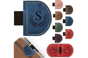 AOQUNXI Personalized Bygone Mark Bookmark with Pen Holder, Magnetic Bookmarks with Vintage 26 Letters, Engraving Leather Magnetic Pen Holder Bookmark for Women Book Lovers Gifts (Blue, S)