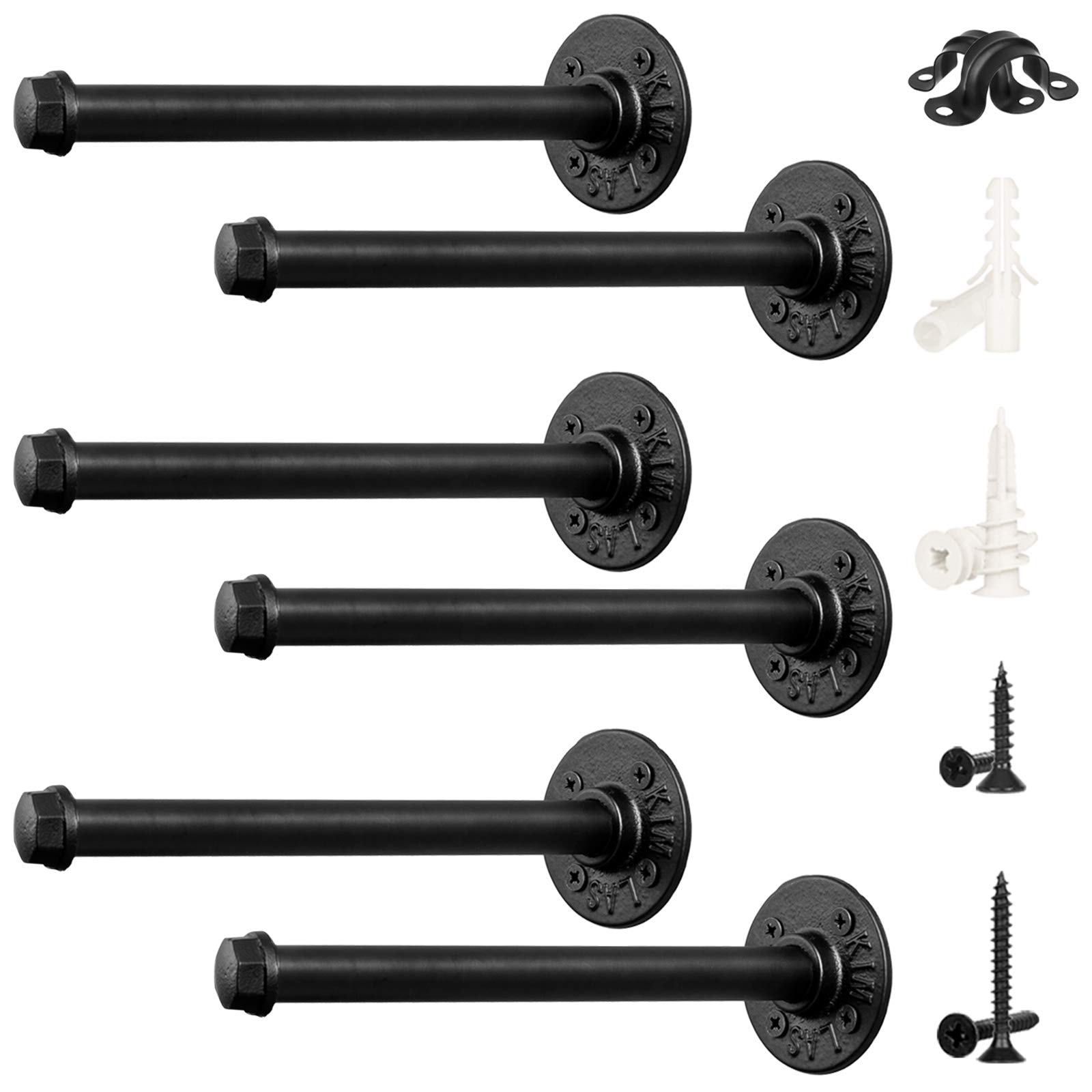 Photo 1 of 10-Inch Shelf Brackets for DIY Floating Shelves, Industrial Iron Pipe Bracket, Heavy Duty Metal Shelving Brackets, 6 Pack, Black