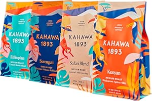 KAHAWA 1893 - Whole Coffee Beans - Variety Pack - Includes Safari, Serengeti, Kenyan, and Ethiopian - Perfect Freshly Brewed - Great Mother's Day Gift - As Seen on Shark Tank - 4 ct