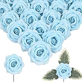 Riyuwal 25PCS Artificial Rose Flower Heads Light Blue Rose Flower with Stem Velvet Rose Flowers Heads Bulk for DIY Wedding Home Party Baby Shower Decor(Light Blue)
