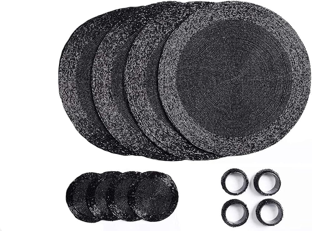 Penguin Home Handcrafted Glass Beaded Round Placemats Set of 12 Black 32 cm