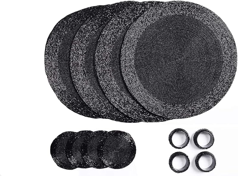 Penguin Home Handcrafted Glass Beaded Round Placemats Set of 12 Black 32 cm