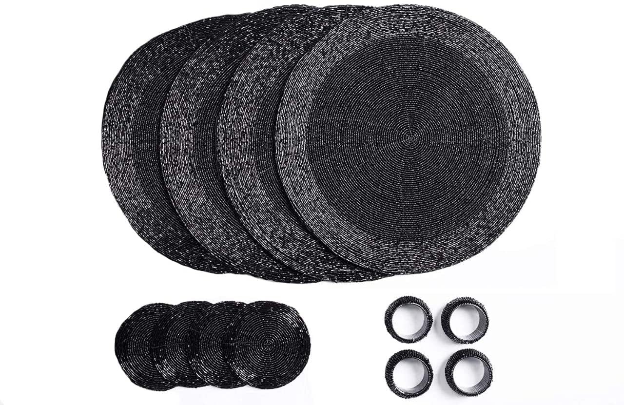 Penguin Home Handcrafted Glass Beaded Round Placemats, Coasters & Napkin Rings Set of 12 - Handmade Table Place Mats for Dining - 32 cm (13") Diameter (Black)