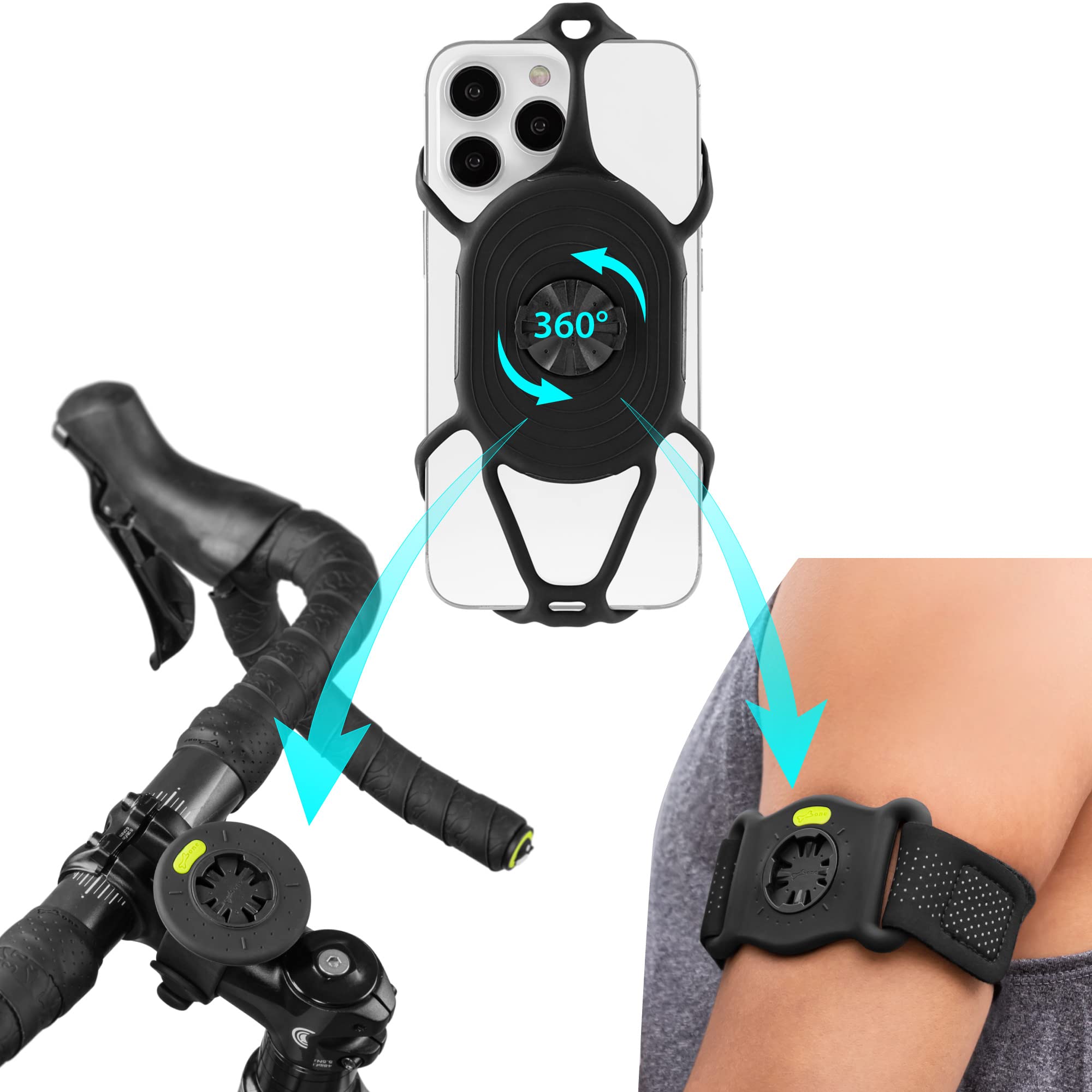 Bone 360° Rotatable 2-in-1 Removable Phone Holder for Jogging Cycling, Universal Sports Armband Bicycle Holder for Smartphone 4.7-7.2 inches, Bicycle Computer Garmin - Run + Bike Tie Connect Kit 2
