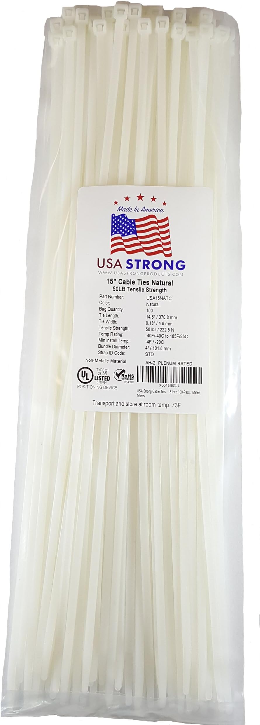 Heavy Duty Cable Zip Ties. Durable strong nylon tie wraps, 120 LB Tensile Strength (15 Inch 100 Pack, White)
