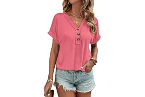 MIXSHE Women Summer Tops Spring Fashion Button Down Shirts Short Sleeve Tshirts Casual T Shirts V Neck Clothes