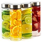Juice Bottles - 4 Pack Wide Mouth Glass Bottles with Lids - for Juicing, Smoothies, Infused Water, Beverage Storage - 16oz, B