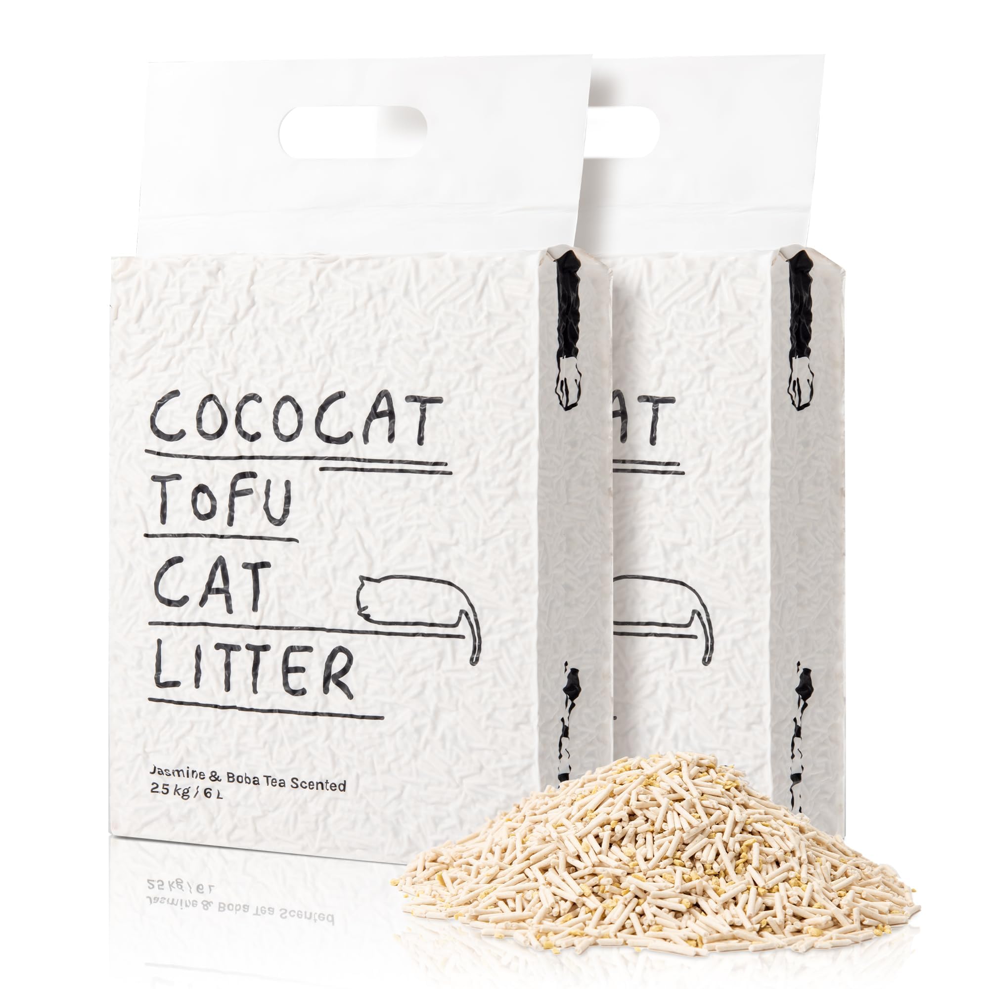 Cococat Tofu Cat Litter (2x2.5kg/6L bag) Strong Clumping, Flushable, Dust-free, Easy Scooping, Biodegradable, Jasmine Milk Tea Scent For Excellent Odour Control