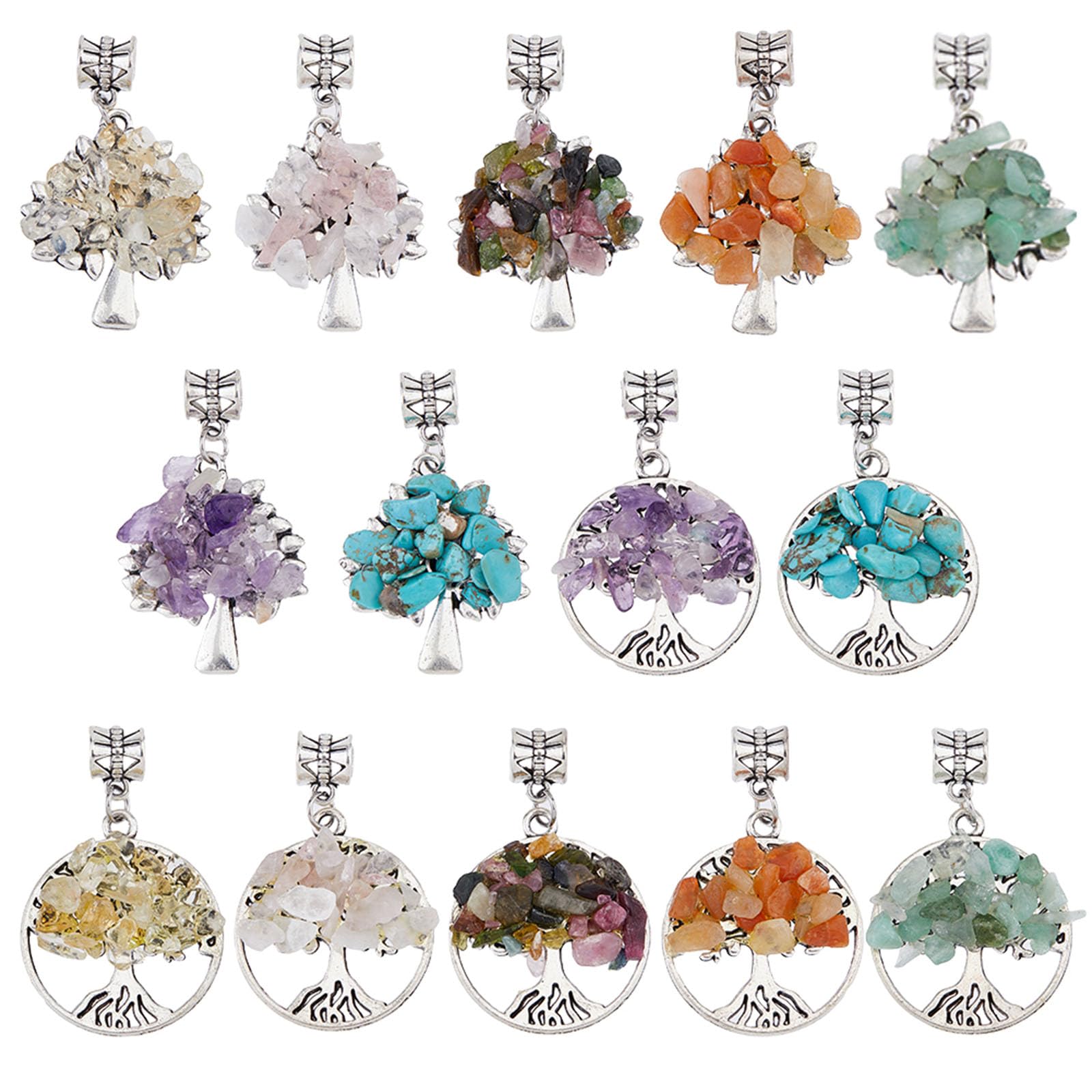 SUPERFINDINGS 28Pcs 14 Styles Tree of Life Gemstone Pendants Crystal Quartz Chakra Pendants Charms Mixed Gemstone Chip European Flat Round Large Hole Dangle Charm with Alloy Finding for Jewelry Making