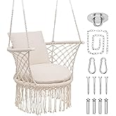 Athena Collection Hammock Swing Chair with Cushion, Outdoor Macrame Chair with Mounting Hardware, Max 350 Lbs, Large Cotton Rope Hanging Chair for Outdoor Indoor Porch Garden, Beige