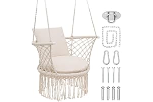 Athena Collection Hammock Swing Chair with Cushion, Outdoor Macrame Chair with Mounting Hardware, Max 350 Lbs, Large Cotton Rope Hanging Chair for Outdoor Indoor Porch Garden, Beige