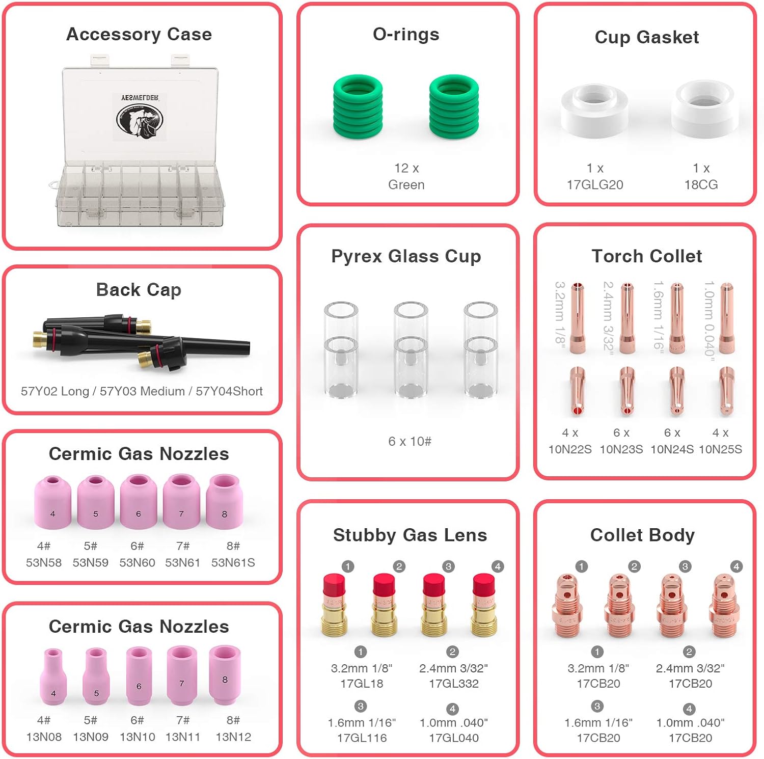 YESWELDER 45PCS TIG Welding Torch Stubby Gas Lens #10 Pyrex Glass Cup Kit For WP-17/18/26 - - 