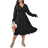SHESTARR Women's Plus Size Fall Dress Long Sleeve V Neck Smocked Swiss Dot Flowy High Waisted A Line Ruffle Midi Dress