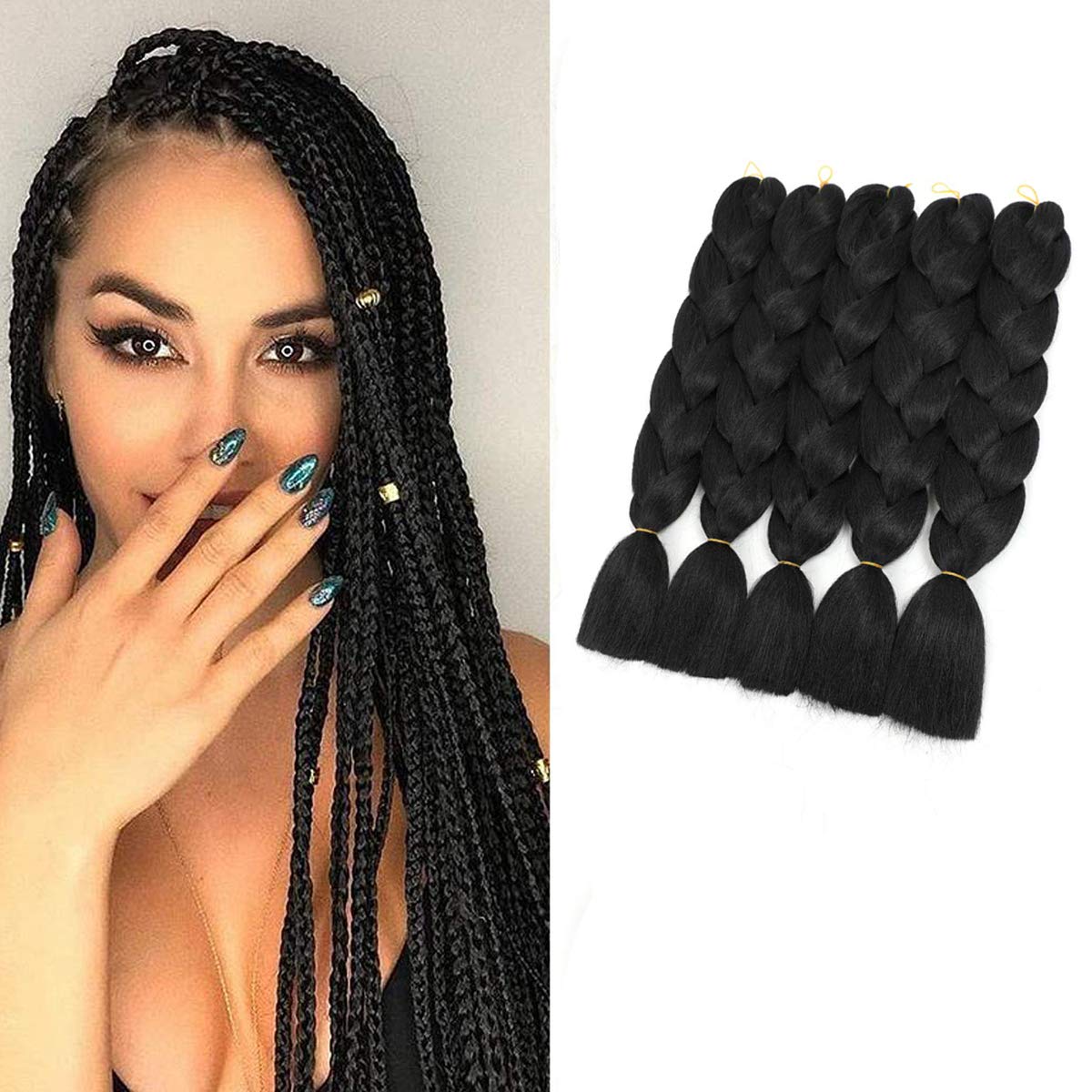 Ombre Braiding Hair Extensions 5 Packs Kanekalon Jumbo Braiding Hair Extensions 24 Inch Braiding Hair Synthetic Hair For Crochet Twist Braiding Hair (1B)