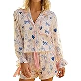 Thopavenoir Women Bow Tie Sleeve Pajamas Set for Valentine's Day Satin Silk 2 Piece Pjs Set Love Heart Printing Shirt Shorts