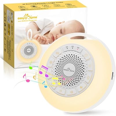 Máquina de Ruído Branco para o Sono do Bebé: Easy@Home 26 Dispositivo de Som Relaxante com Luz Ambiente Noturna Ajustável em Sete Cores & Temporizador丨Recarregável por Type-C丨White