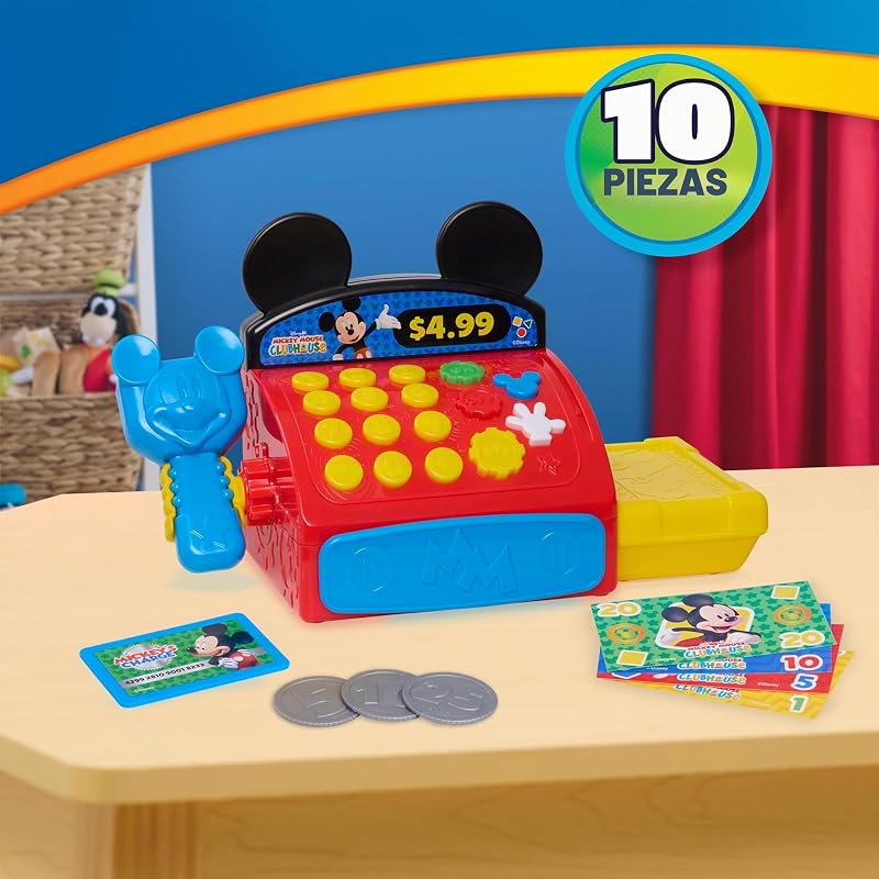 Caixa registadora Disney Jr. Micky Mouse Clubhouse com sons, frases e dinheiro de brinquedo, 10 peças, desenvolve competências básicas de matemática, brinquedo para crianças a partir dos 3 anos, pela Just Play