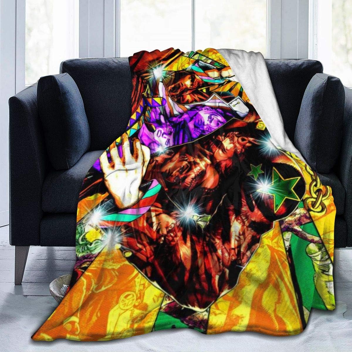 Flannel Fleece Throw Blanket for Spring Living Room Travel, Super Cozy JoJo's Bizarre Adventure Jotaro Kujo and Friends Colorful Poster Christmas Throw, Comfy Easy Care 50 x 40 Inch