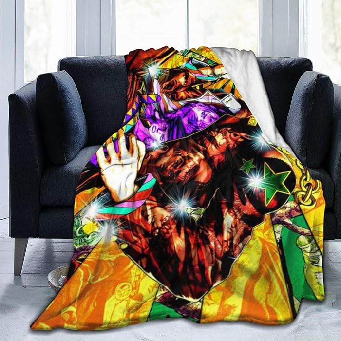 Flannel Fleece Throw Blanket for Spring Living Room Travel, Super Cozy JoJo's Bizarre Adventure Jotaro Kujo and Friends Colorful Poster Christmas Throw, Comfy Easy Care 50 x 40 Inch