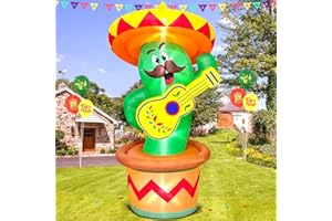KOOY 8 FT Cinco De Mayo Inflatables Outdoor Decorations Inflatable Fiesta Cactus with Guitar,Built-in LED Lights Blow Up for Cinco De Mayo Outdoor Yard Decorations Party Summer