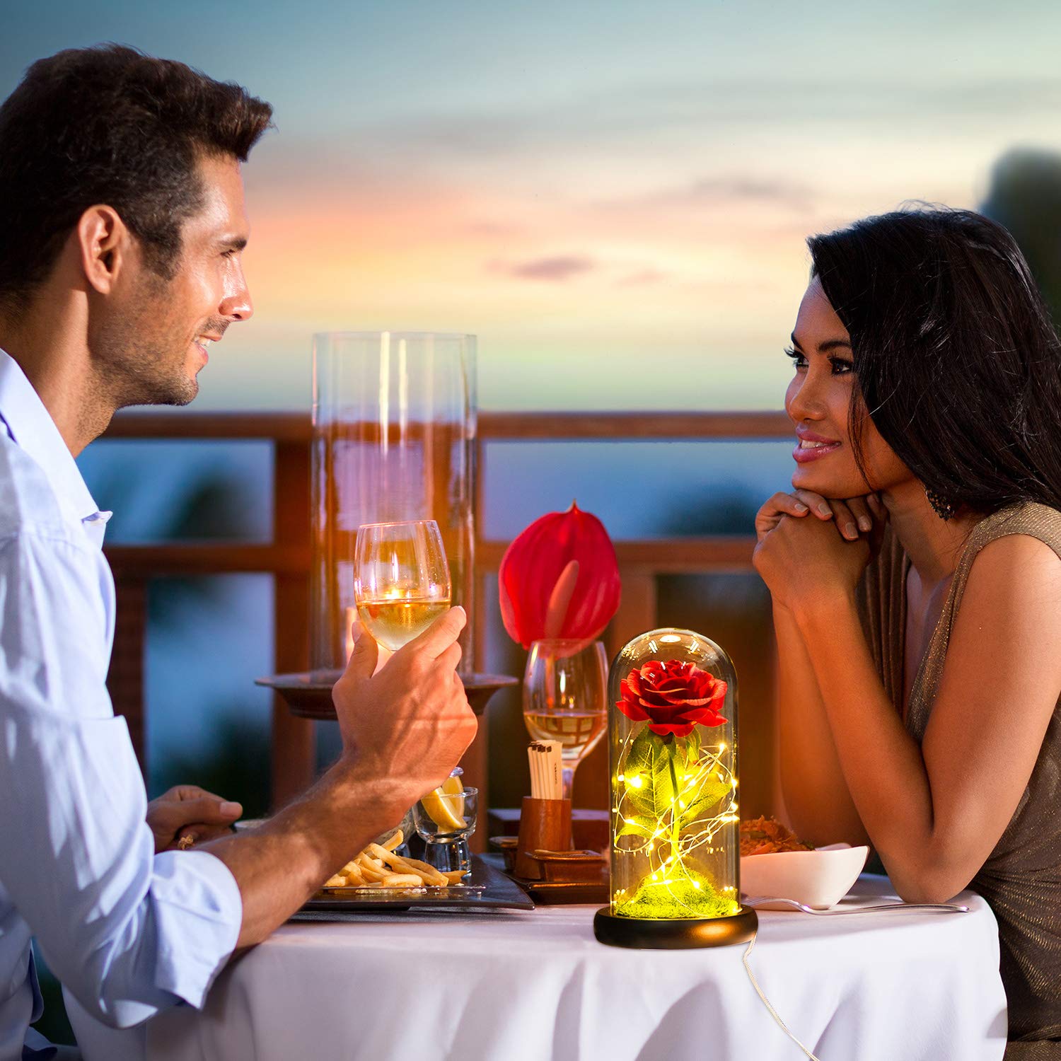 Zimer Enchanted rose, Red Rose gold lamp green grass in a Glass Dome with String LED Lights, table lamp Rose Gift for Mothers Day, Valentine\'s Day, Wedding, Birthday,Anniversary