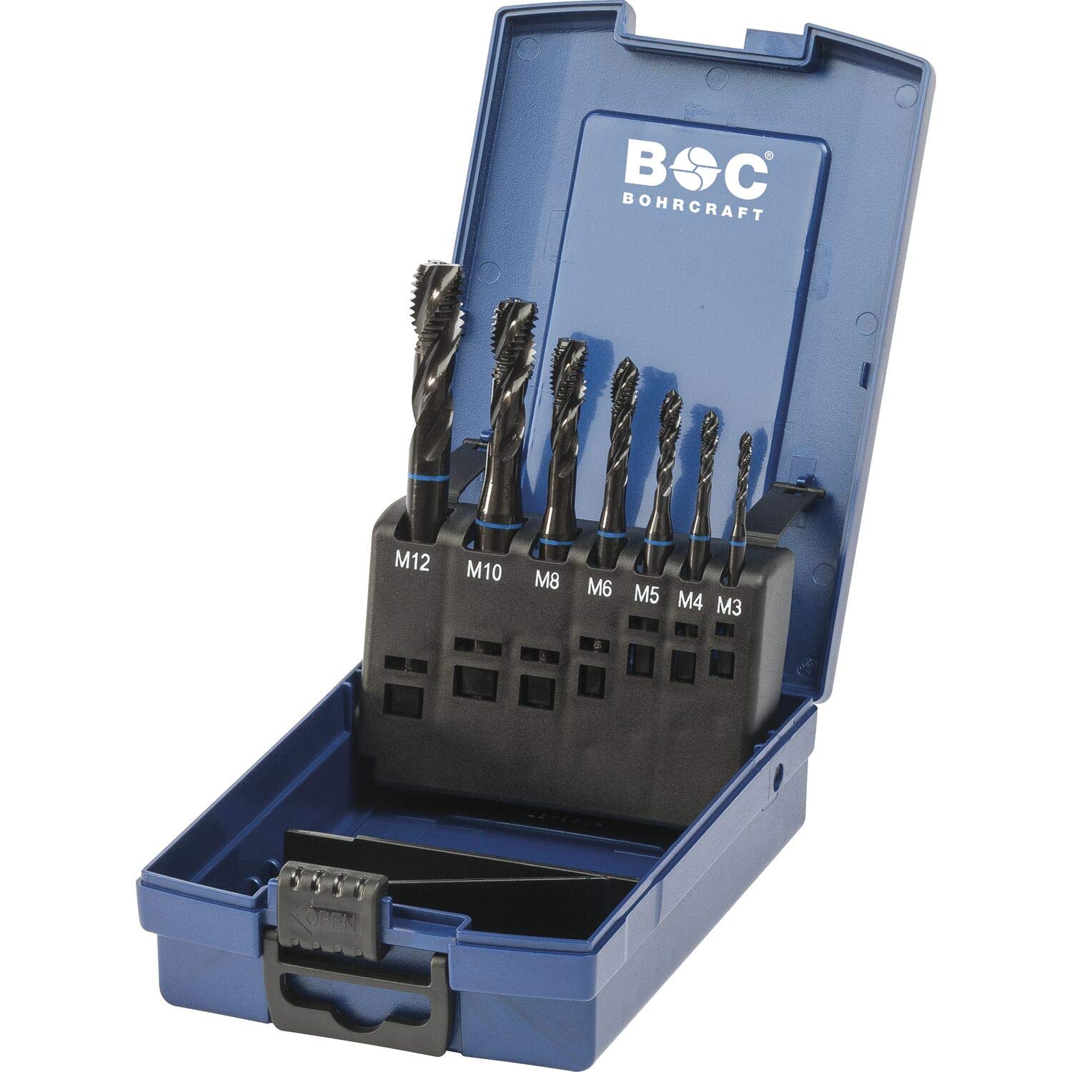 Bohrcraft 41541330007 Machine Tap Set M3-M12 HSS-E 35º Piece Mesh Thread DIN 371/376 ABS Box 7-Piece Set M 3-M 12 RSP 35° / MGB7S-K VA Blue Ring Silver