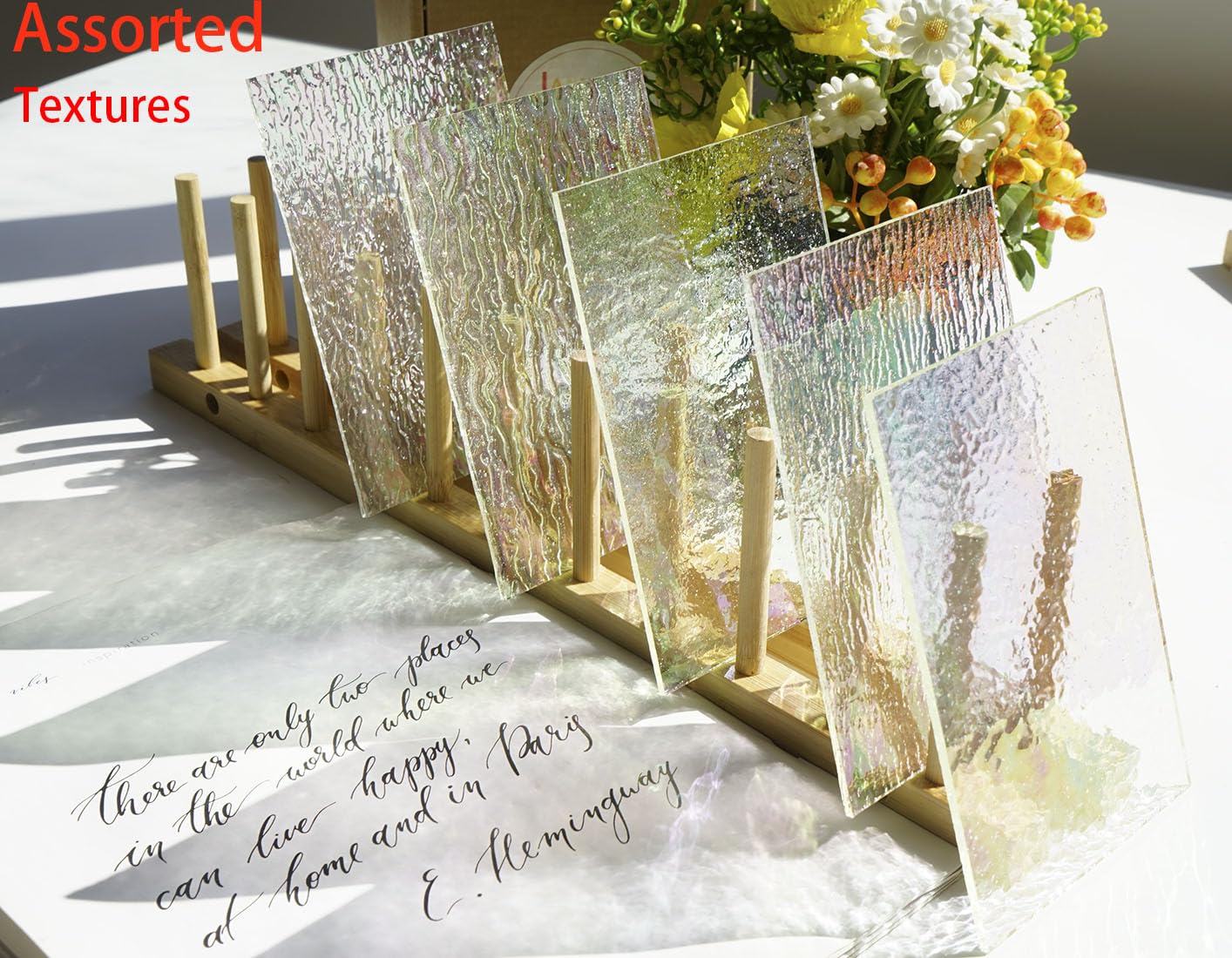 Lanyani 12 Sheets Iridescent Clear Textured Stained Glass Sheets for Crafts, 4x6 inch Cathedral Art Glass Packs for Mosaic Work