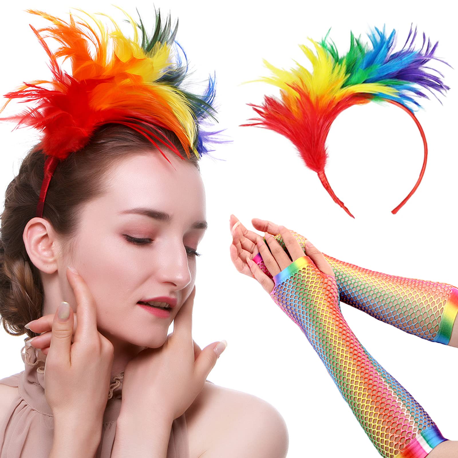 Colorful Feather Headband with Net Gloves Costume Accessories Fancy Dress Outfit for Women Girl