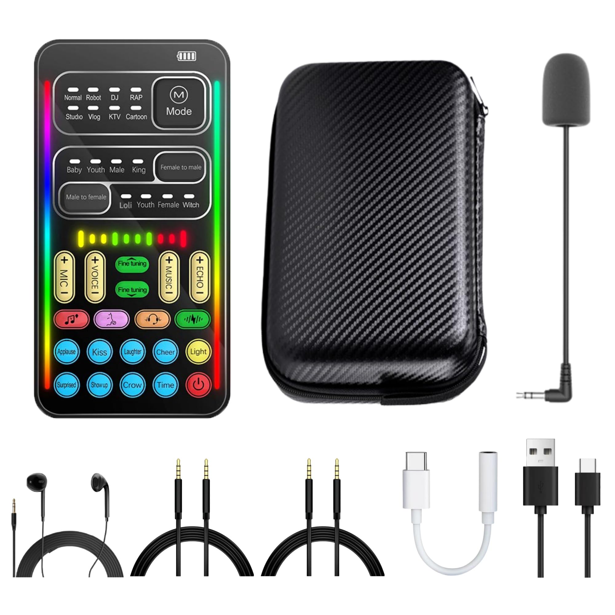 i9 Real-Time Voice Changer with Sound Card – 8 Voice Effects, Full Accessories Included (Mini Mic, Monitor Earphone, 2 Adapters), Plug & Play, Compatible with PC, PS5, Xbox, Switch, Android & iOS
