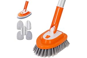 BURFERLY 4 in 1 Shower Cleaning Brush with Long Handle, Bathtub Cleaning Brush with 1 V-Shaped Brush Head, 6 Different Function Cleaning Pads for Cleaning Bathroom Kitchen Toilet Wall,Bathtub,Sink