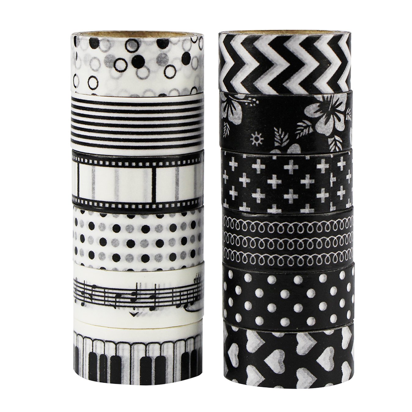 UOOOM 12pcs Decorative Washi Tape Sets Masking Tape Adhesive Scrapbooking DIY Craft Gift (Black and White)