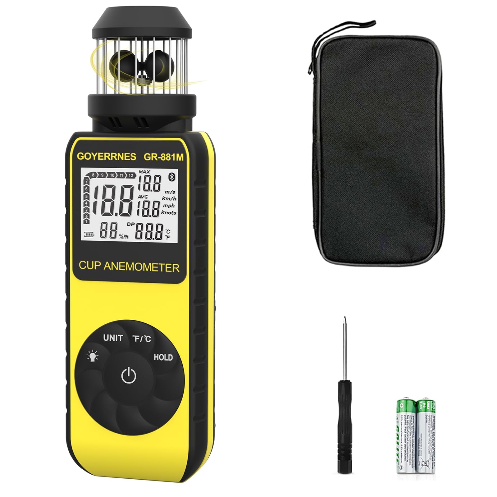 Digital Anemometer Handheld with Wind Cup Anemometer GR-881M Portable Speed Meter with Compass Measures Wind Speed Temperature Measuring Air Speed Air Volume for HVAC Vents, Boat Sailing, Shooting