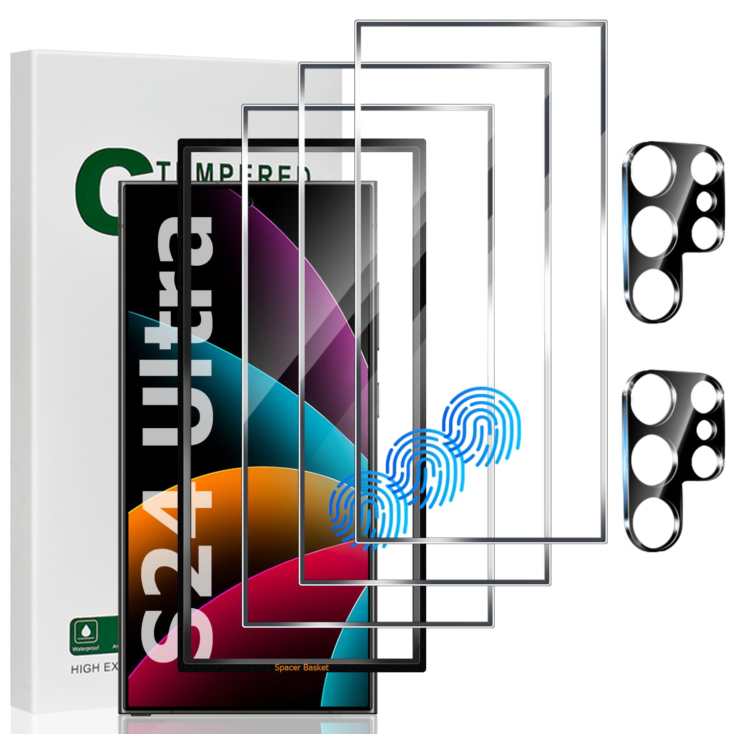 SURFCUZ 3 Pack Glass Screen Protector for Galaxy S24 Ultra (6.8") with 2 Pack Tempered Glass Camera Lens Protector,Fingerprint Unlock,Case Friendly,Mounting Frame,Full Coverage, Clear High Definition