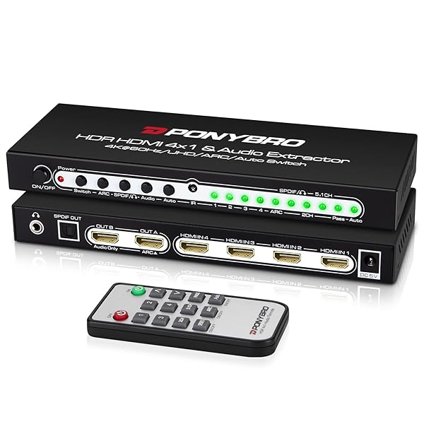 PONYBRO HDMI 2.0 SWITCH 4 PORT WITH AUDIO EXTRACTOR – 4K@60HZ HDR10, OPTICAL/AUX/ARC AUDIO OUTPUT, AUTO-SWITCHING FOR PS5/XBOX/SOUNDBAR, DOLBY DIGITAL & DTS SUPPORT, REMOTE INCLUDED.