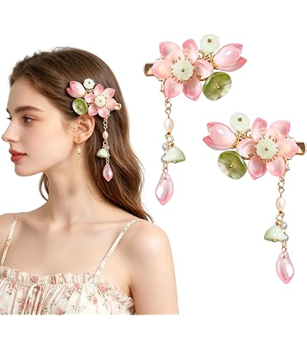 Vintage Green & Pink Floral Hairclip Set 4PCS Vintage Flower Hair Barrettes for Women, Colorful Flora  main image 3