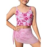 blibean Girls Swimsuit 3 Piece Bikini Sets with Cover Up Skirt Bathing Suit Size 6-15 Years